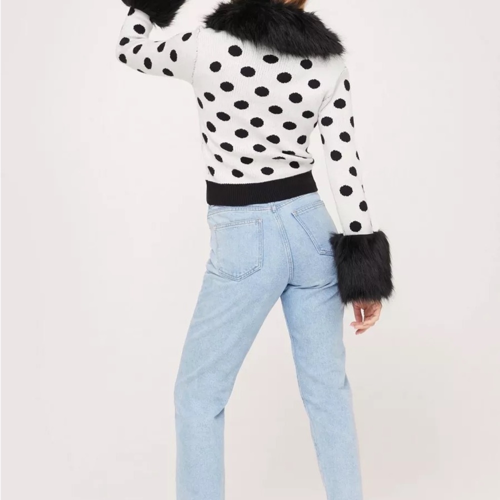 Polka Dot Faux Fur Trim Sweater Cardigan US 6 - Picture 2 of 8